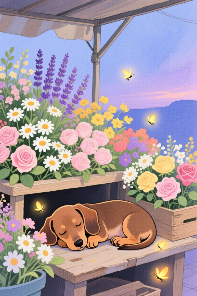 A dachshund puppy naps curled up in a market stall of flowers, as fireflies begin to glow at dusk