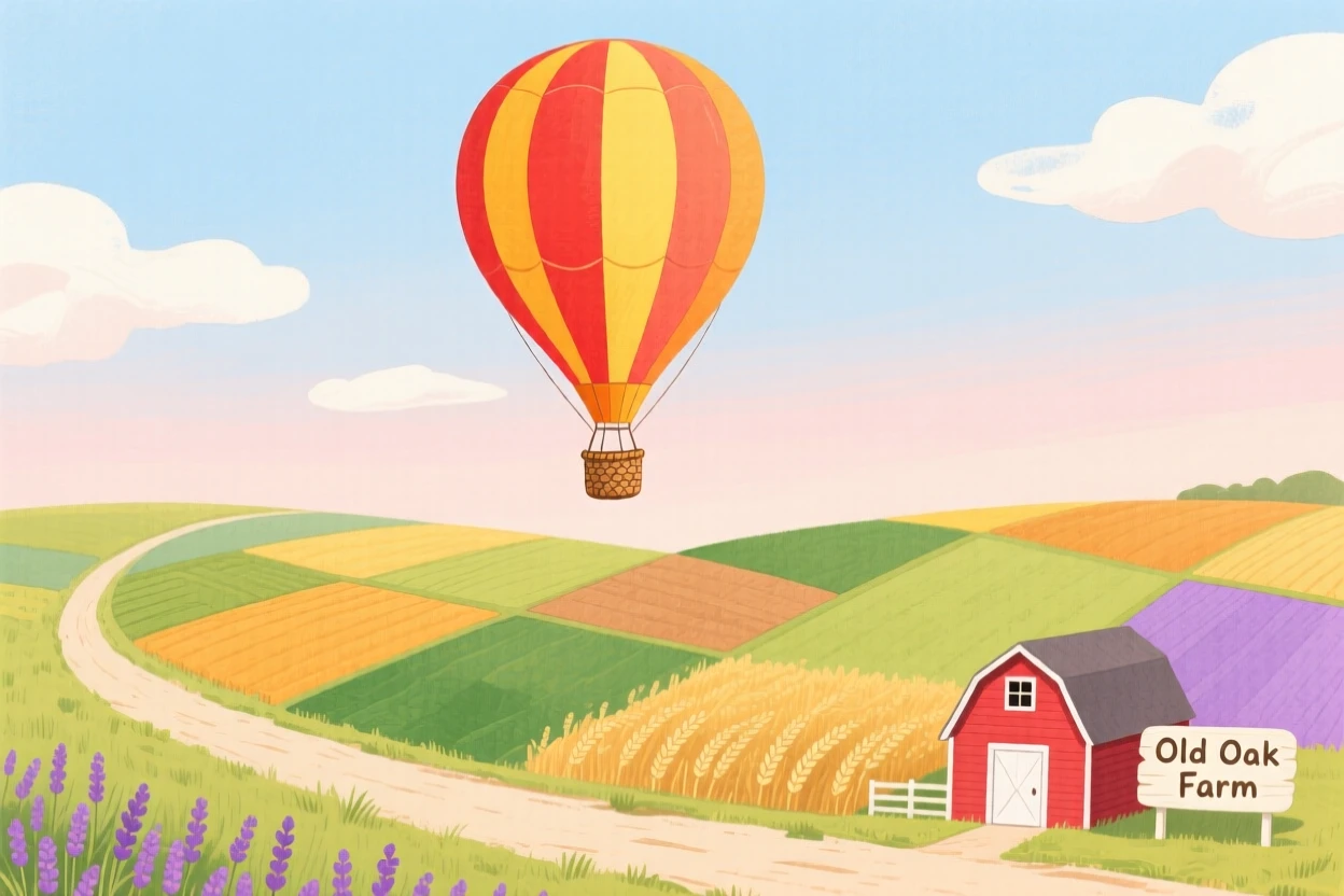 A picturesque view of a hot air balloon drifting over a patchwork of farm fields.