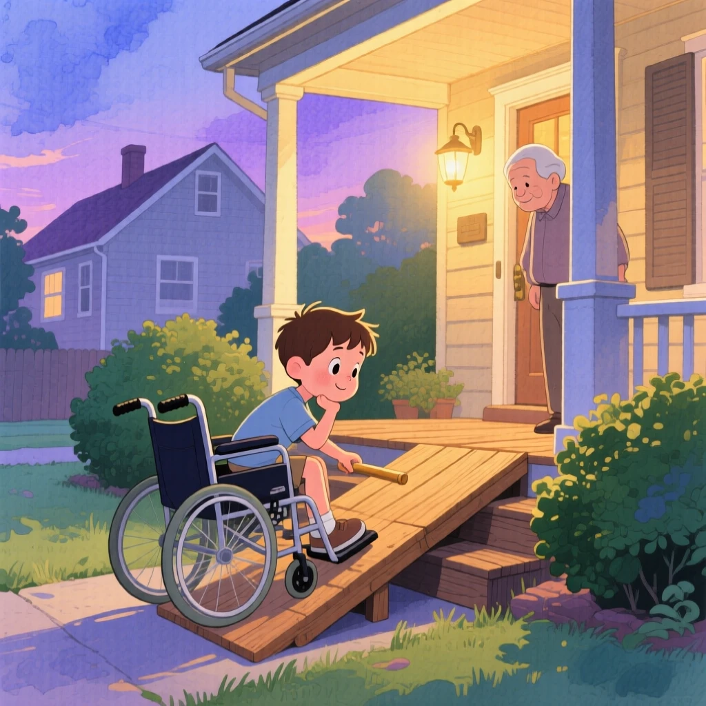 A boy building a wheelchair ramp out of wood for his neighbor's front porch, framed by warm porch light at dusk, radiating kindness, hope, and heartfelt emotion.