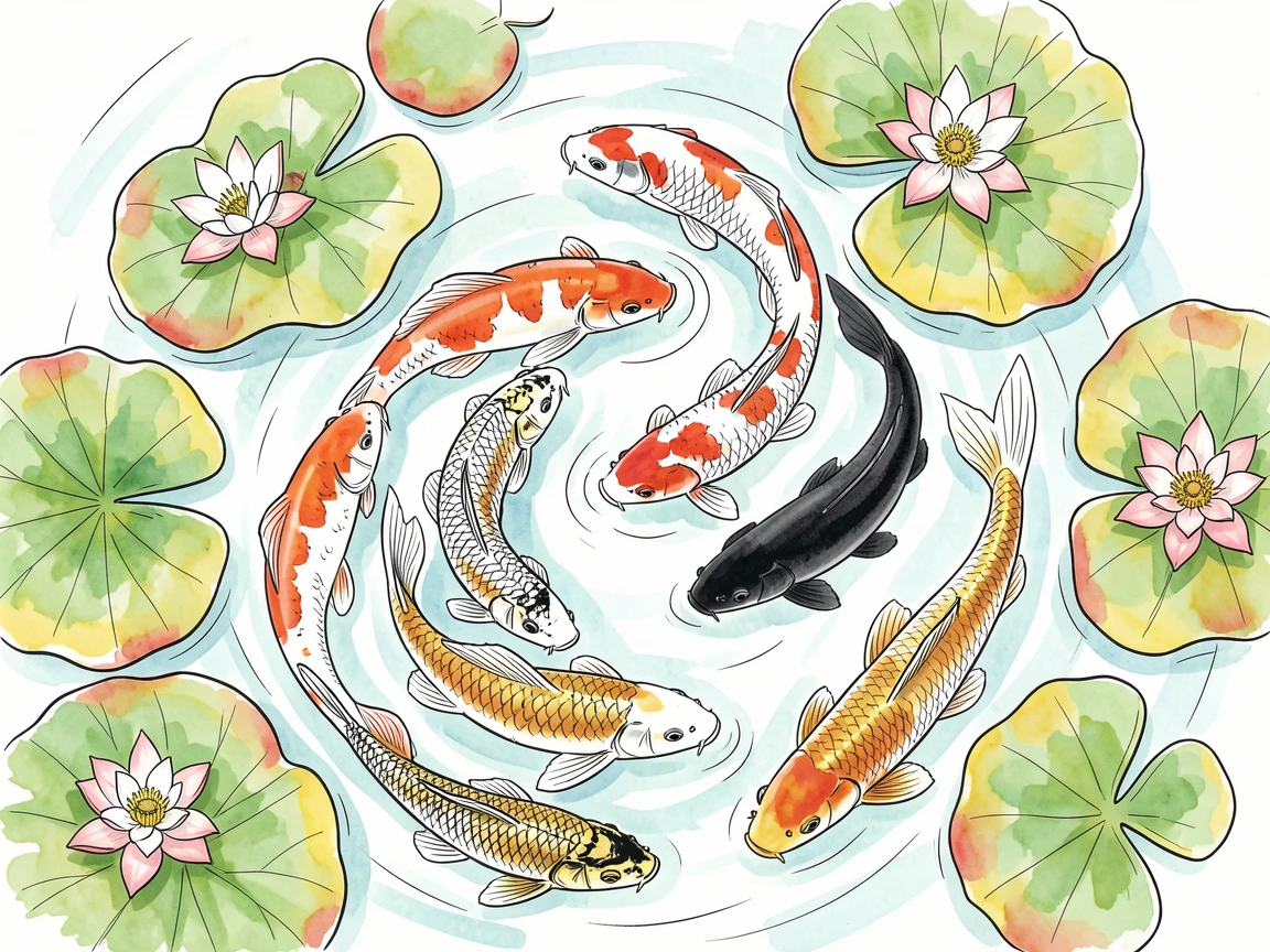 A school of colorful koi fish swirling together in a garden pond beneath floating lily pads