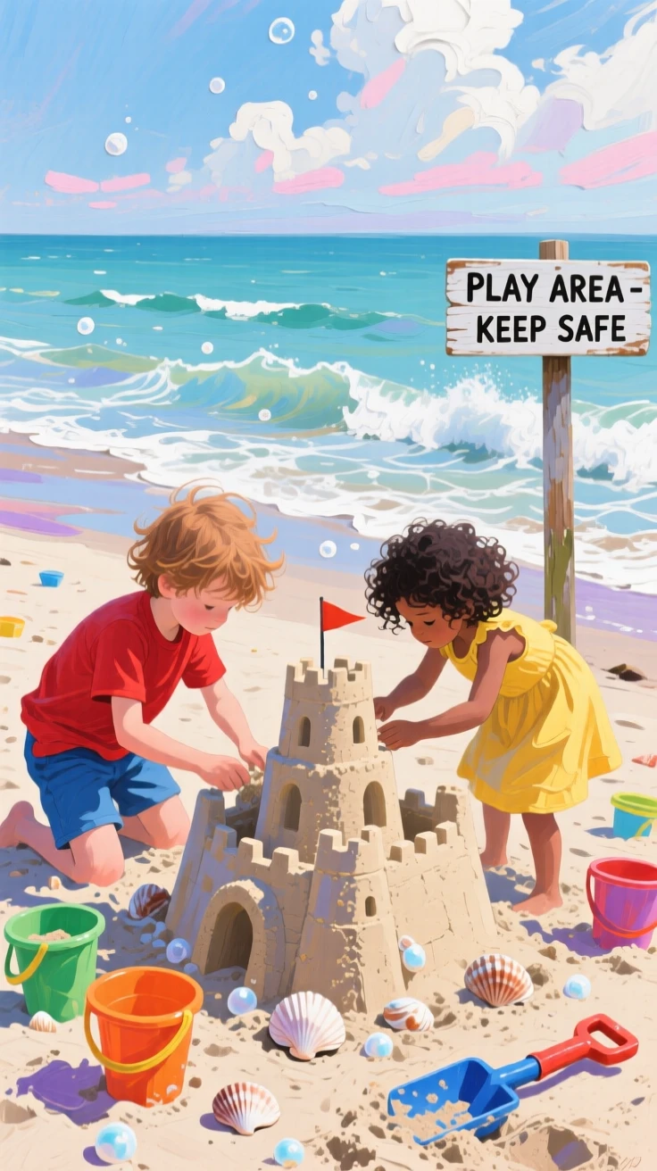 children building a sandcastle near gentle waves, on a breezy spring afternoon, with layered visual detail from foreground to horizon.