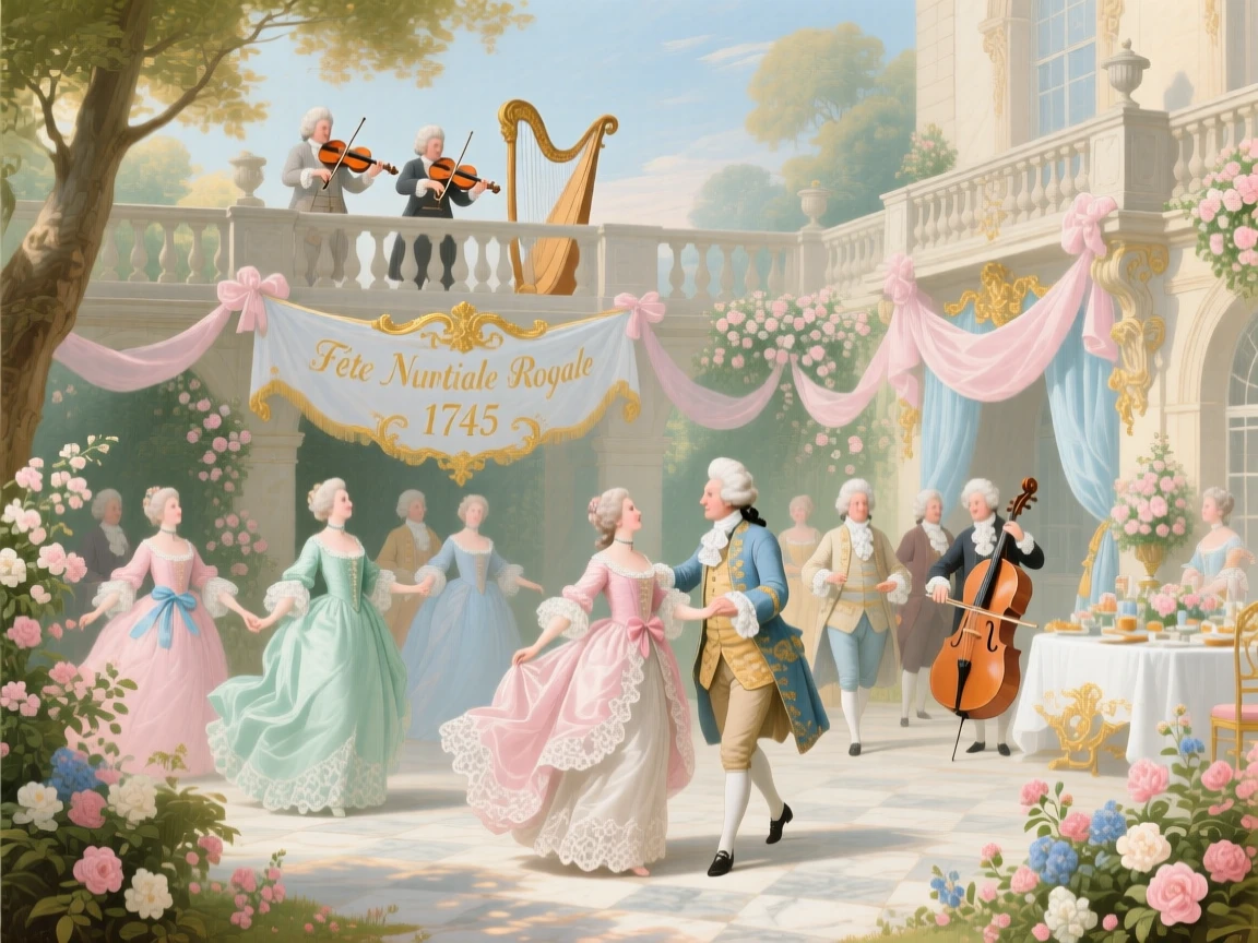 A royal wedding feast with musicians on a balcony above the dancing guests  