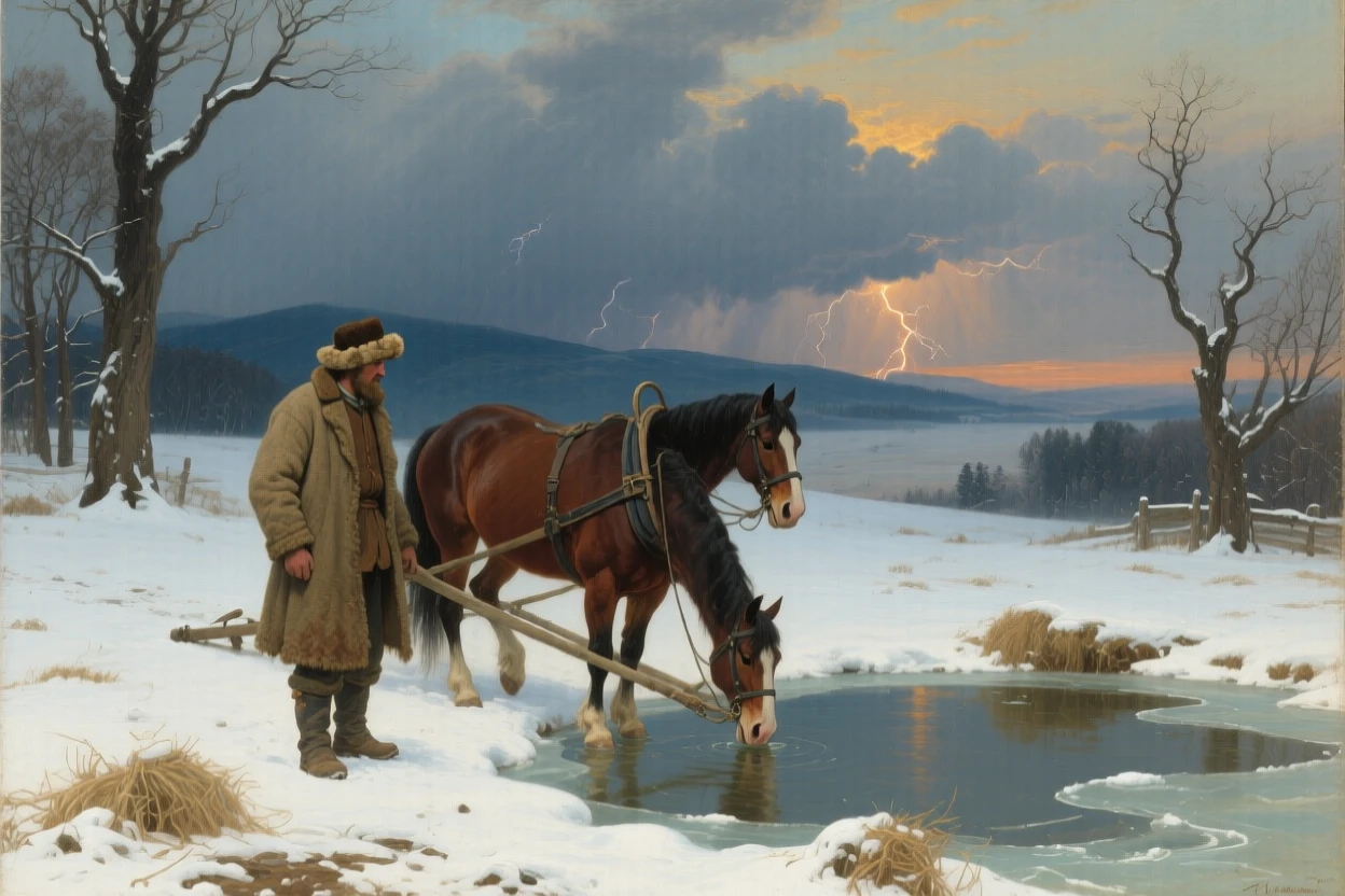 A farmer and his draft horses drinks from a snow-dusted paddock in winter as thunder rumbles in the distance.