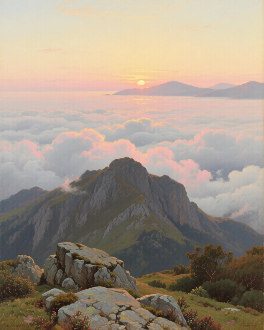 A sea of clouds rolling over a mountain summit at first light, with the first light of dawn breaking over distant ridgelines, offering a moment of stillness amid overwhelming natural beauty