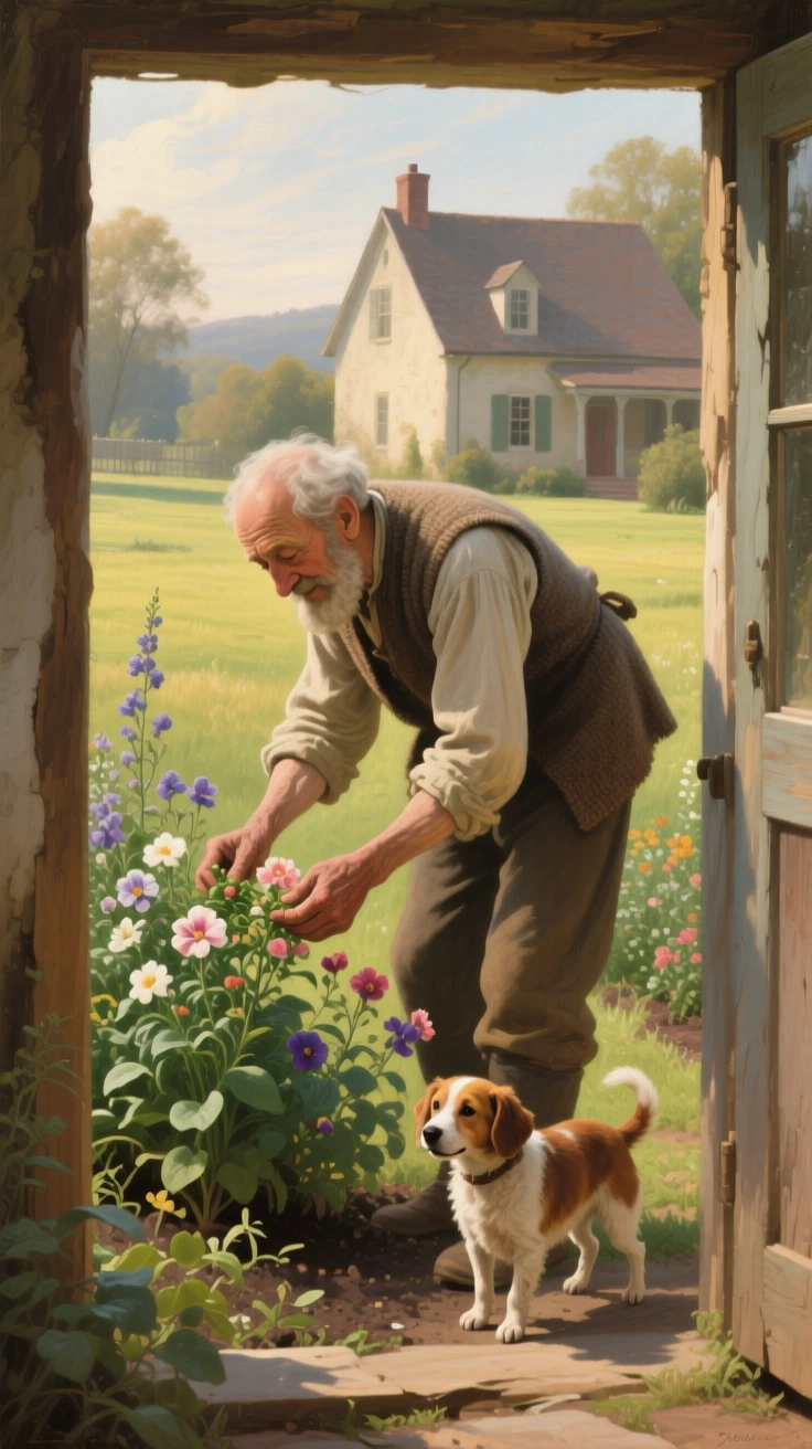 An elderly man tending a garden his late wife once planted at the exact instant a memory is quietly being made, set within a sunlit meadow just beyond a quiet farmhouse, with a family pet weaving happily between the figures; gentle framing by a doorway or window softens the intimate scene, filled with gentle joy and quiet devotion.