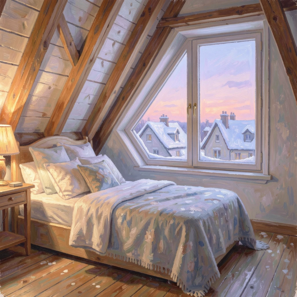A cozy attic bedroom with a slanted window overlooking snow-covered rooftops at dusk.