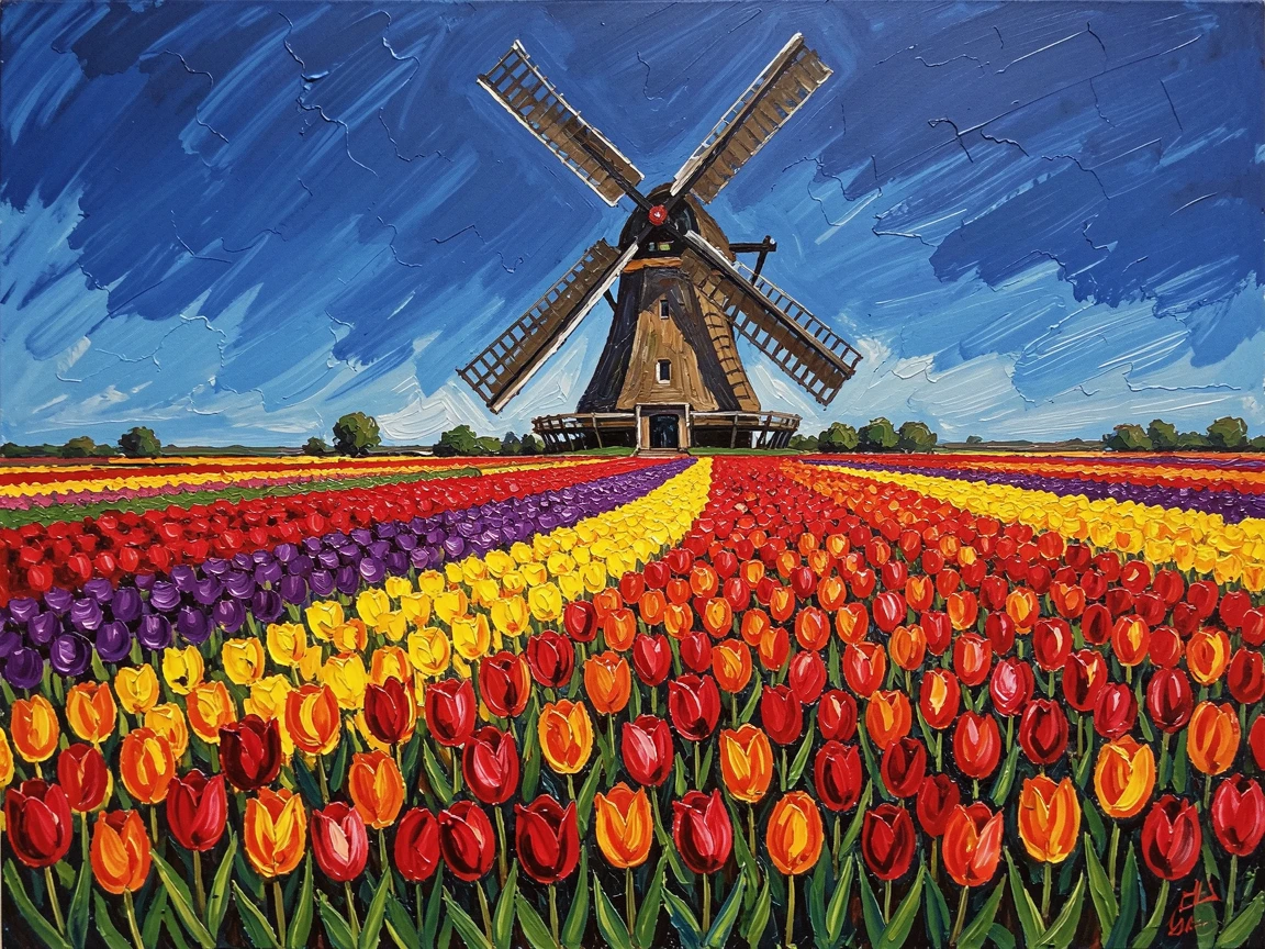 A field of tulips in brilliant stripes of color beneath a windmill and blue sky.