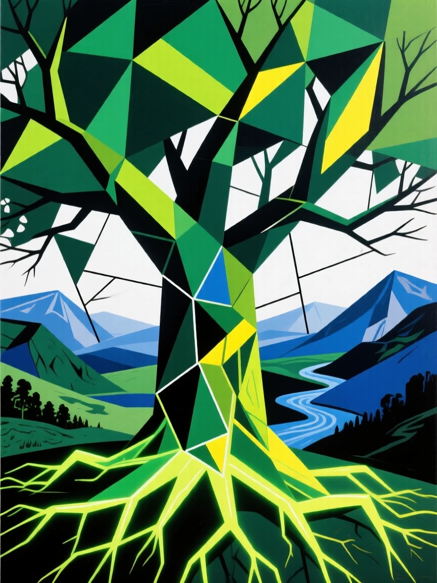 A colossal tree of life with glowing roots stretching across a mystical valley.