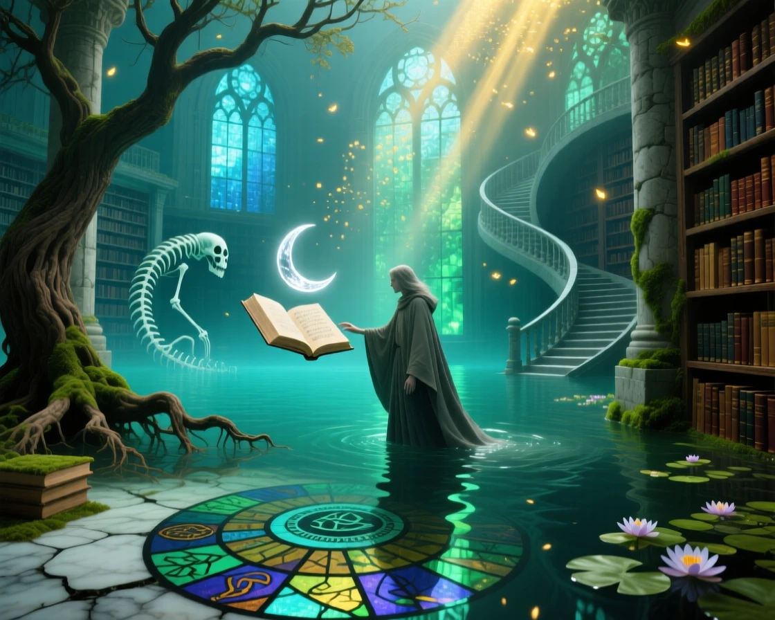 A forgotten library sunk quietly beneath a still, clear lake rests peacefully, reclaimed slowly by the surrounding forest, while a single figure explores its quiet, echoing halls.
