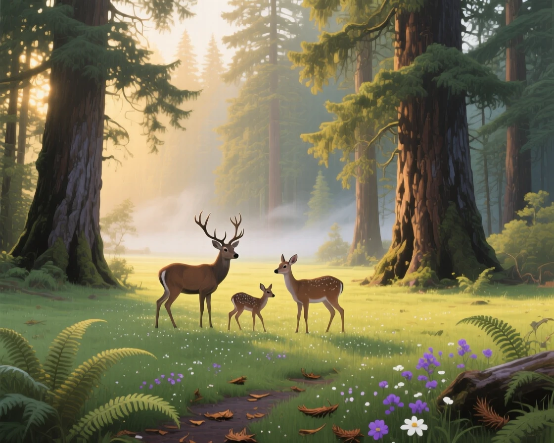 A quiet forest clearing in the Pacific Northwest reveals a family of deer grazing in soft morning light, towering Douglas firs ringing the meadow, mist still lingering low to the ground.