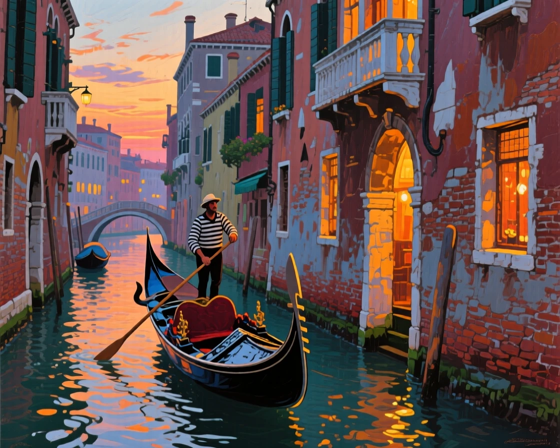 A Venice gondolier rowing through a narrow canal at dusk, warm light glowing from nearby windows