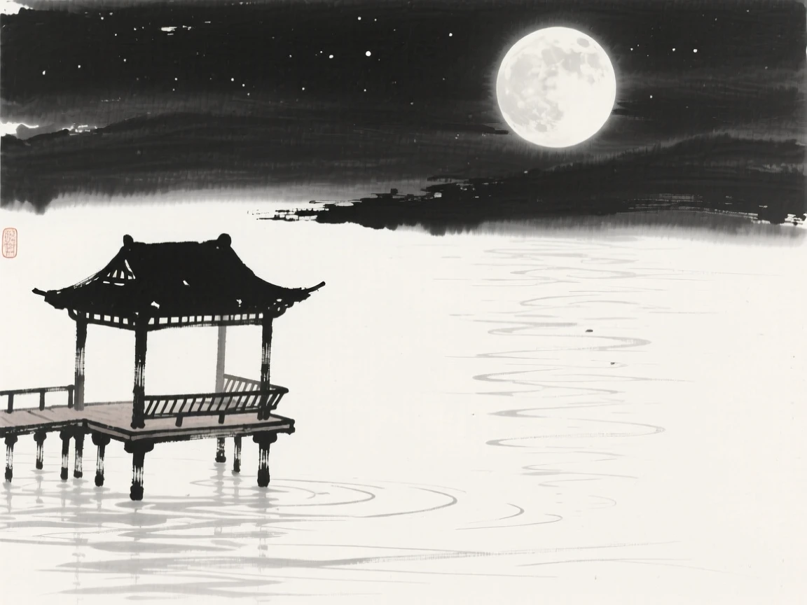 a serene lake beneath a rising moon, with a wooden pavilion built out over the water on stilts.