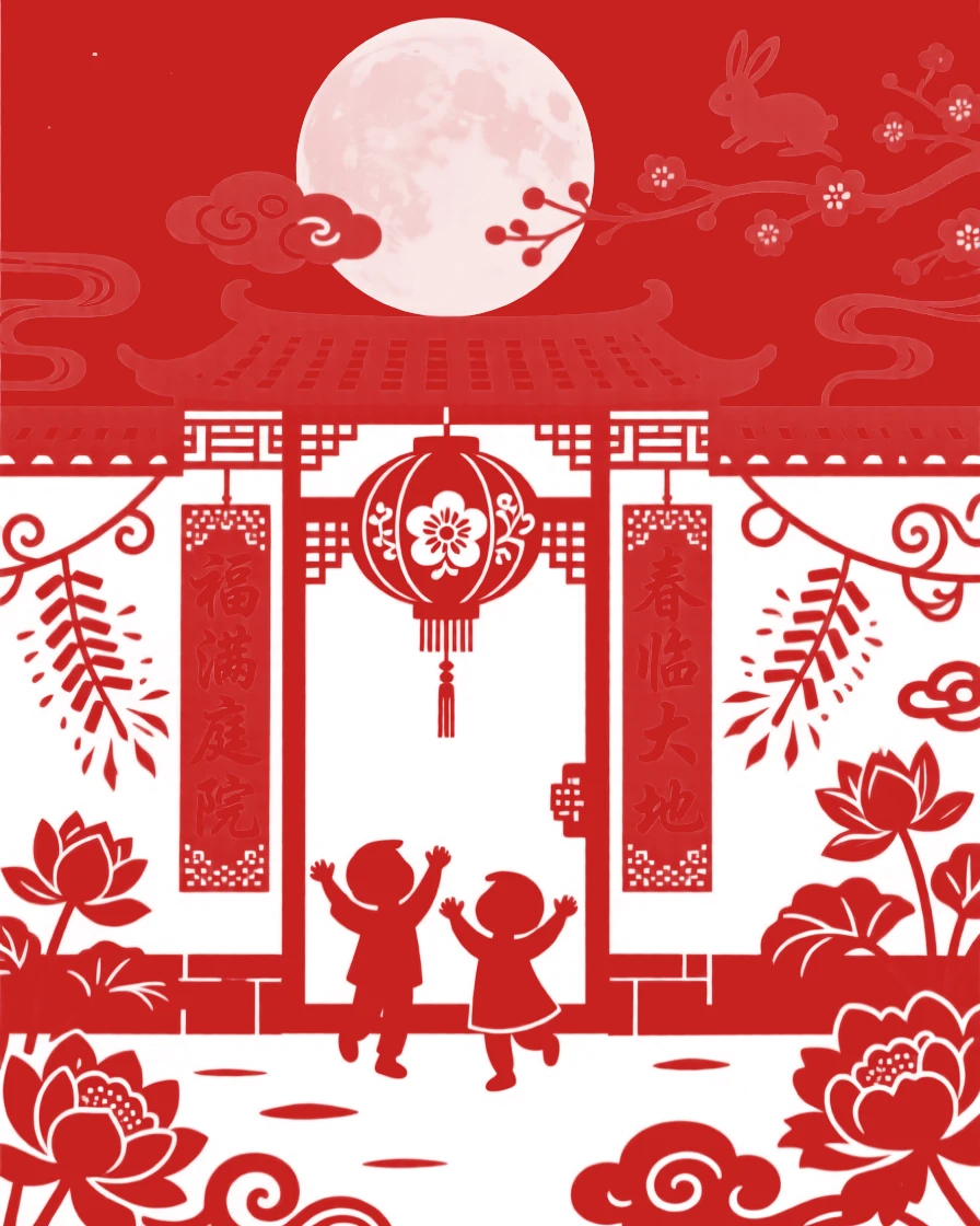 A scene of a courtyard strung with red couplets and lanterns, alive with the sound of firecrackers and laughter, with a full moon rising behind paper-cut silhouettes.
