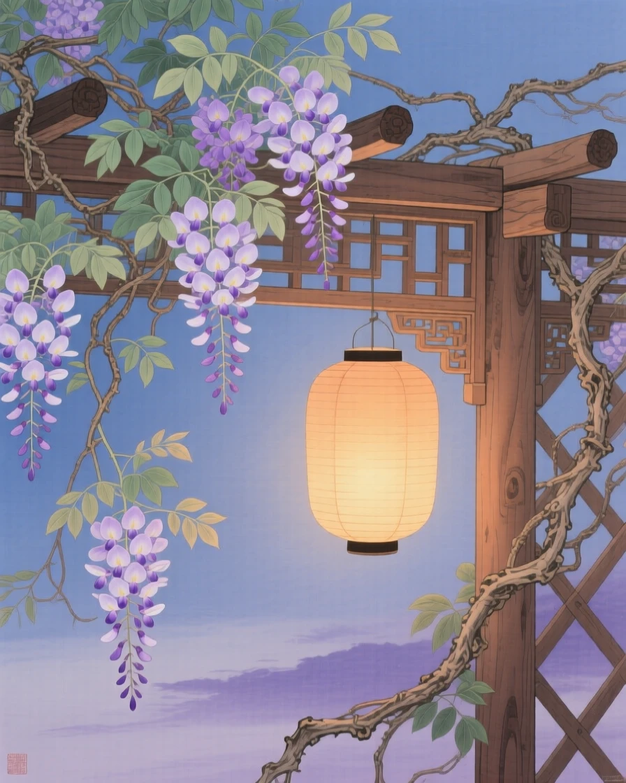 Wisteria cascading over a wooden trellis under a paper lantern glowing at dusk