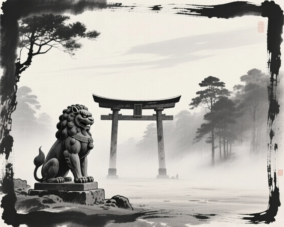 A guardian lion statue watching over a temple gate within an ancient, mist-filled forest, framed to emphasize scale against a vast open sky, capturing a dreamlike, otherworldly stillness.