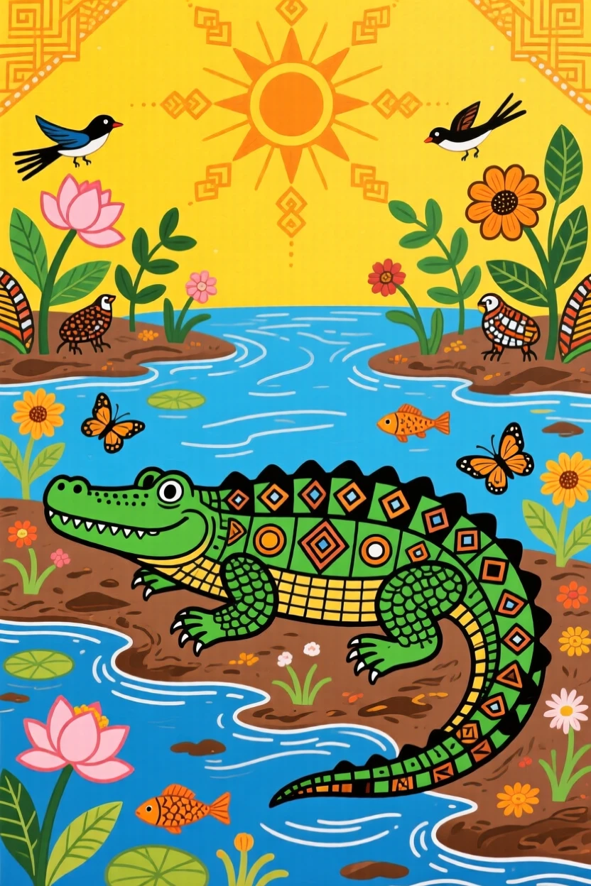 A crocodile basking silently on a muddy riverbank at noon.