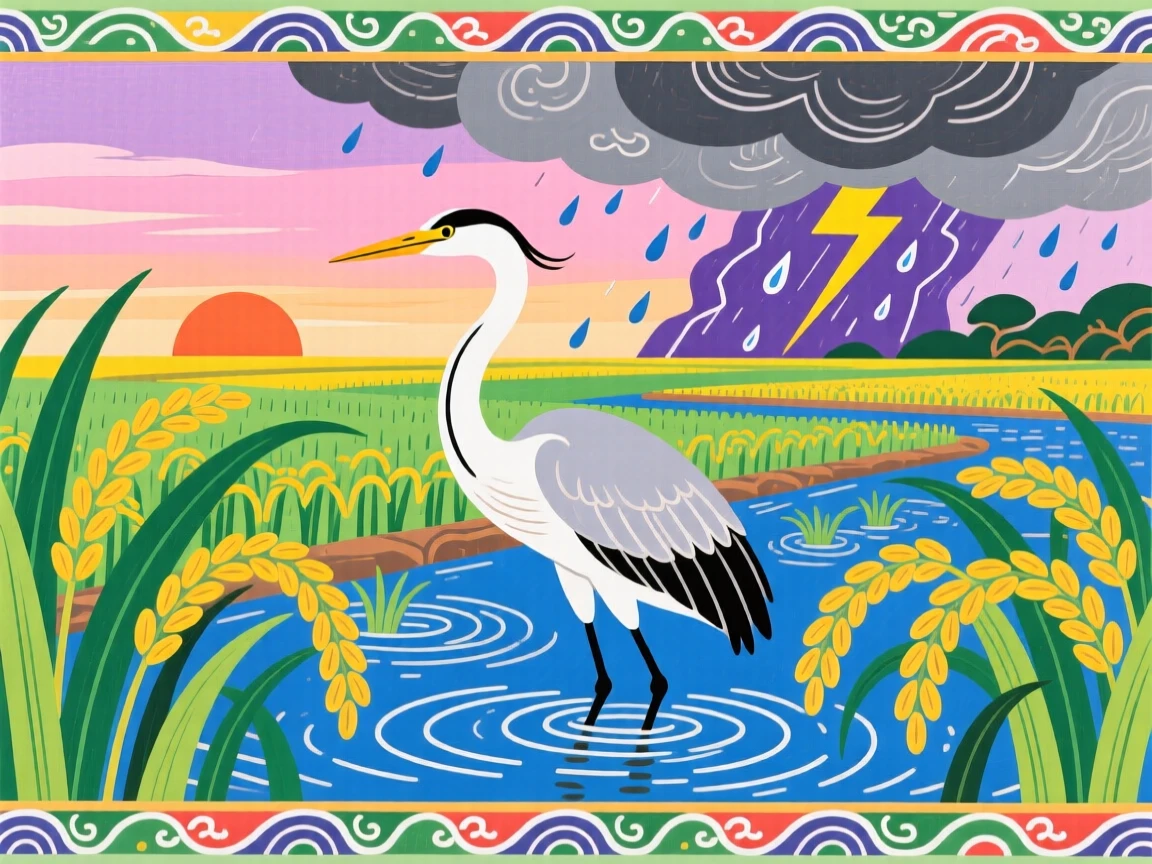 A heron perched among rice paddies at dawn, during a summer thunderstorm passing in the distance.