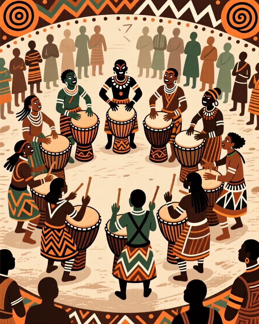 A circle of drummers playing to a captivated crowd.