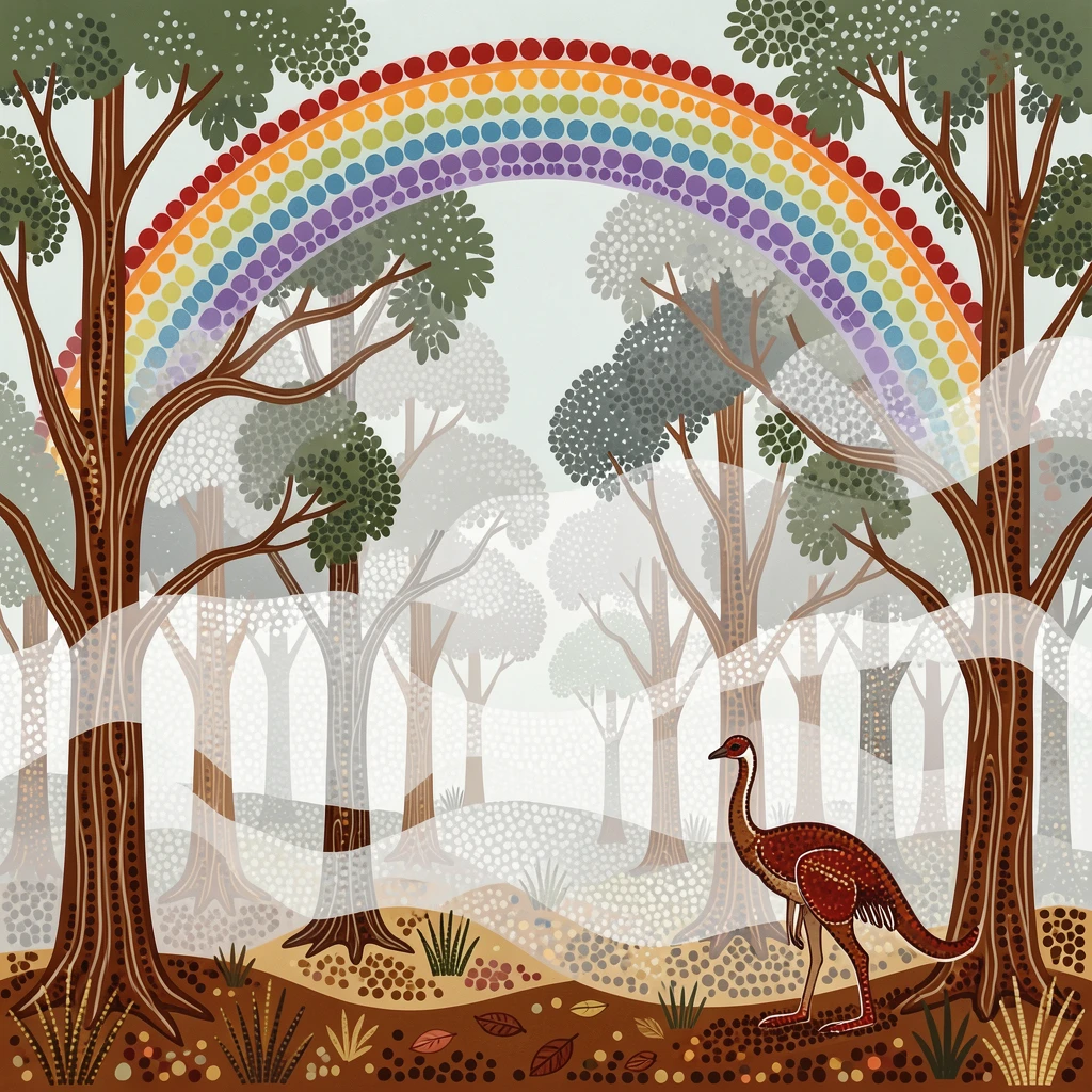 A fog-draped ancient forest beneath a rainbow after rain
