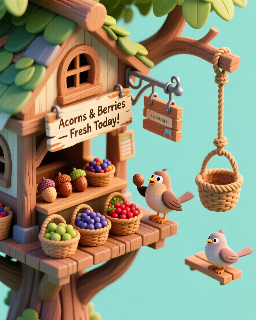A treehouse marketplace stall selling acorns and berries, a hand-painted sign swinging in the breeze, a rope basket lift for customers, and birds haggling over prices.