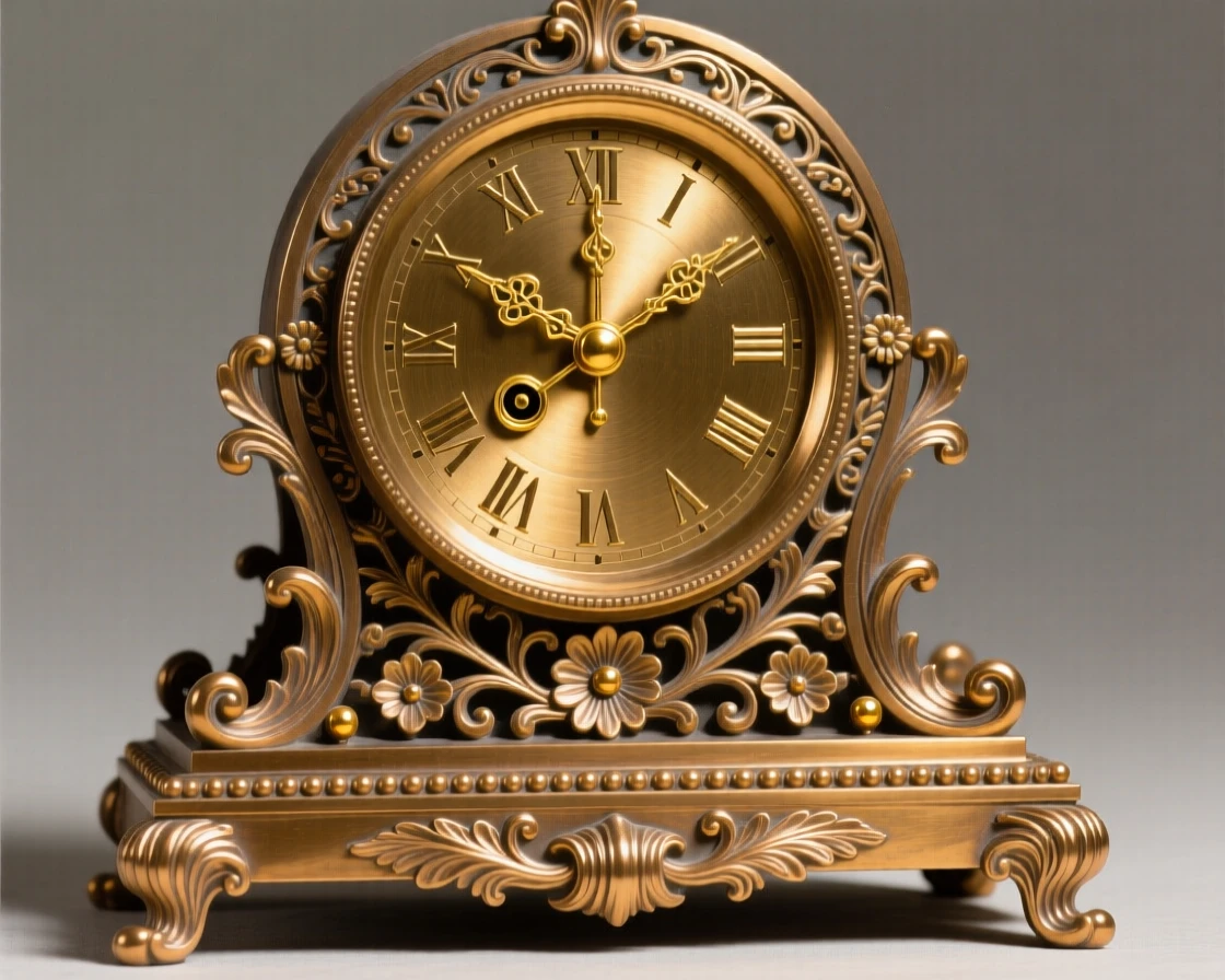 An ornamental clock with a golden pendulum swinging, with intricate craftsmanship on full display, radiating elegance and refinement