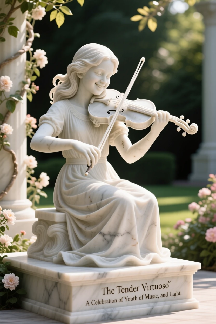 A tender portrait of a violin prodigy performing on stage, smiling warmly at the viewer, in a sunlit garden, evoking warmth and humanity