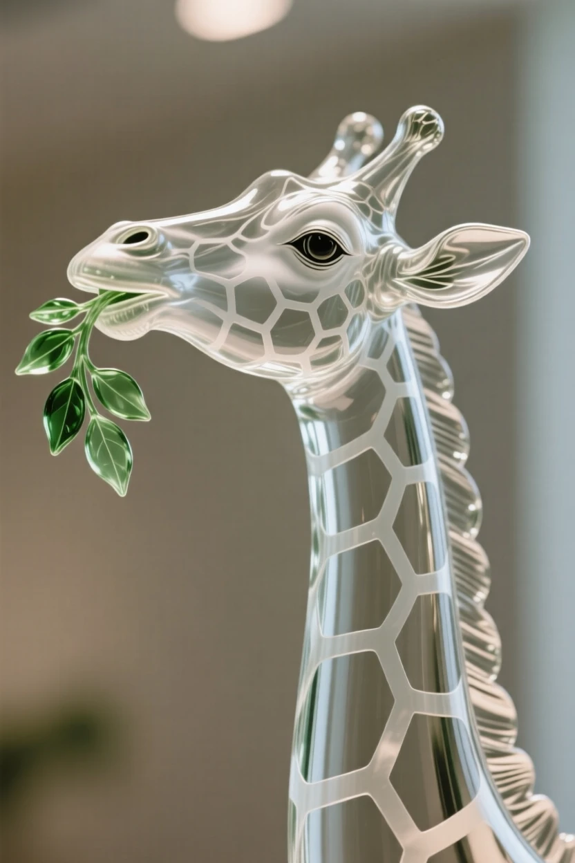 A close-up portrait of a giraffe reaching for leaves, its eyes sharp and expressive, framed by soft bokeh foliage, radiating quiet dignity.
