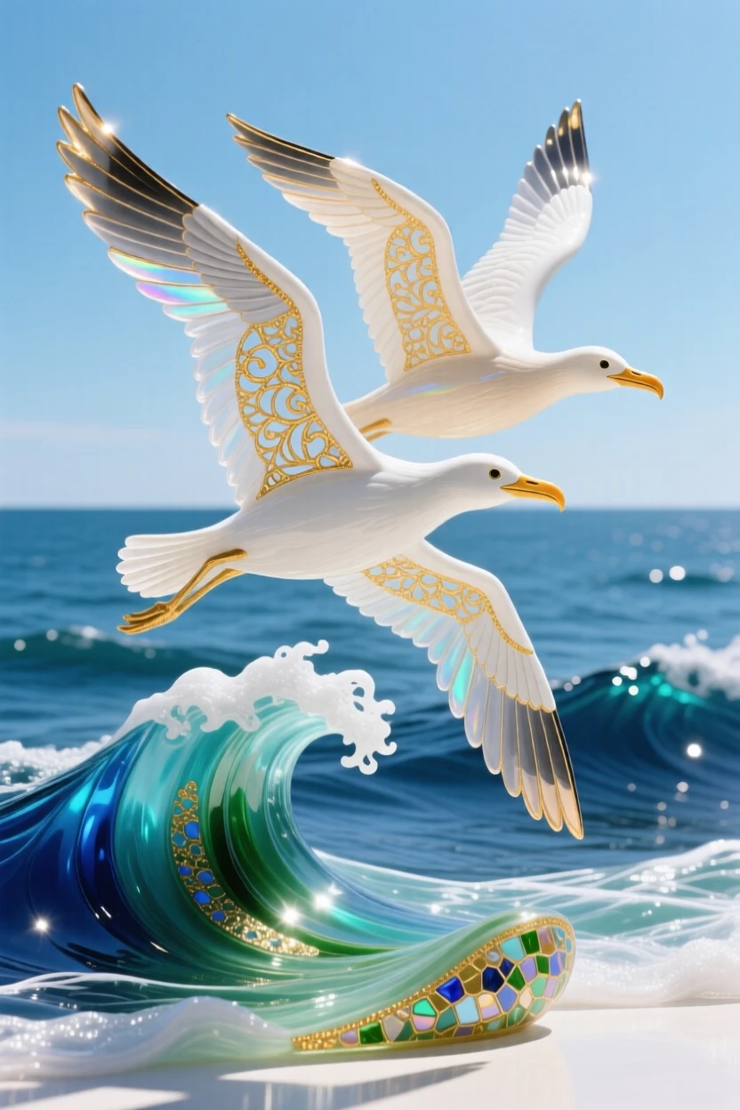 A pair of albatrosses gliding over vast open ocean swells, serene and boundless.