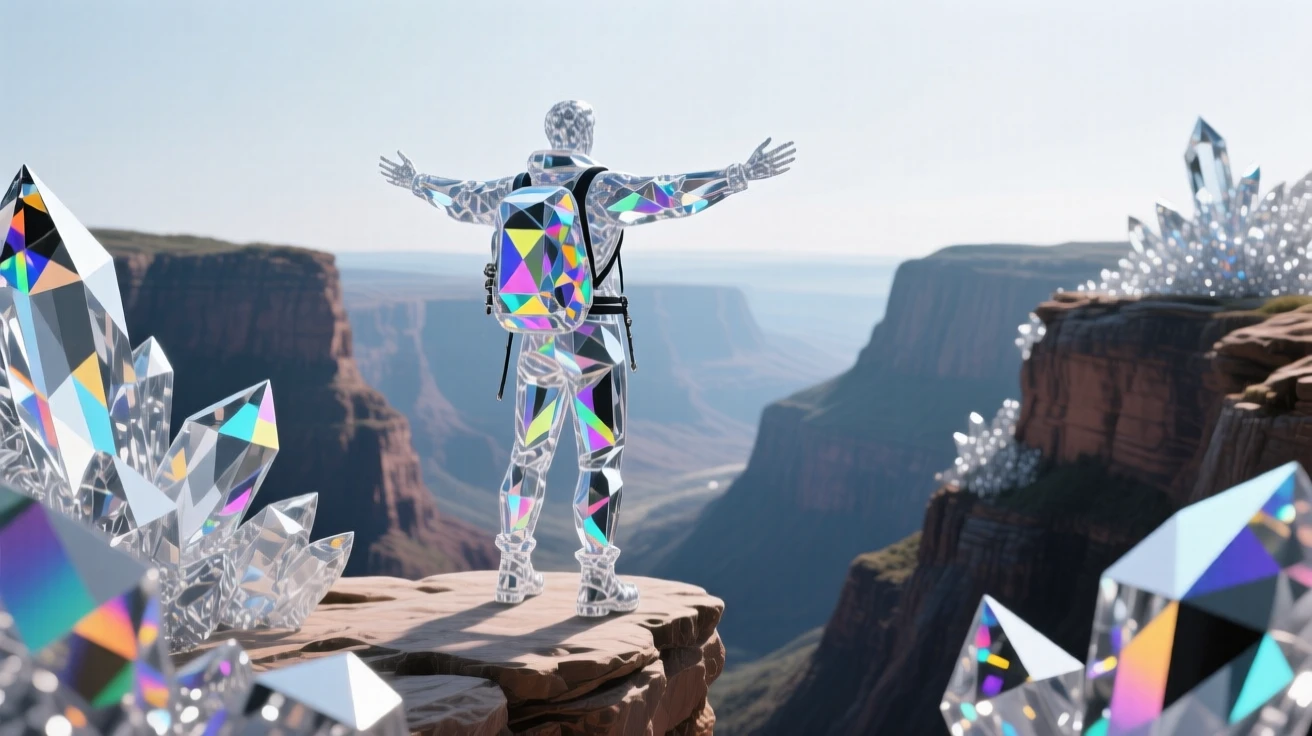 A dramatic canyon overlook with a hiker standing at the edge, arms outstretched.