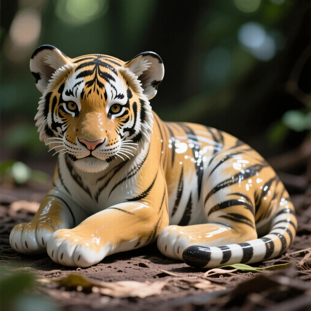 A tiger cub pouncing resting with paws tucked beneath its body, dappled in shifting patches of sunlight, capturing a fleeting moment of untamed grace.