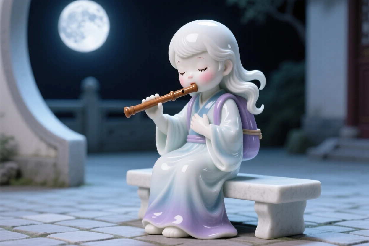A childlike traveler playing a wooden flute, one hand resting gently over her heart, in a moonlit courtyard.