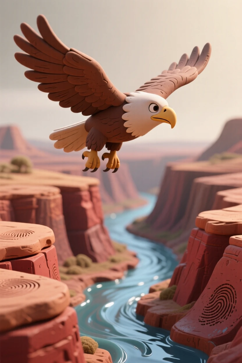 An eagle soaring high above a canyon carved by a winding river