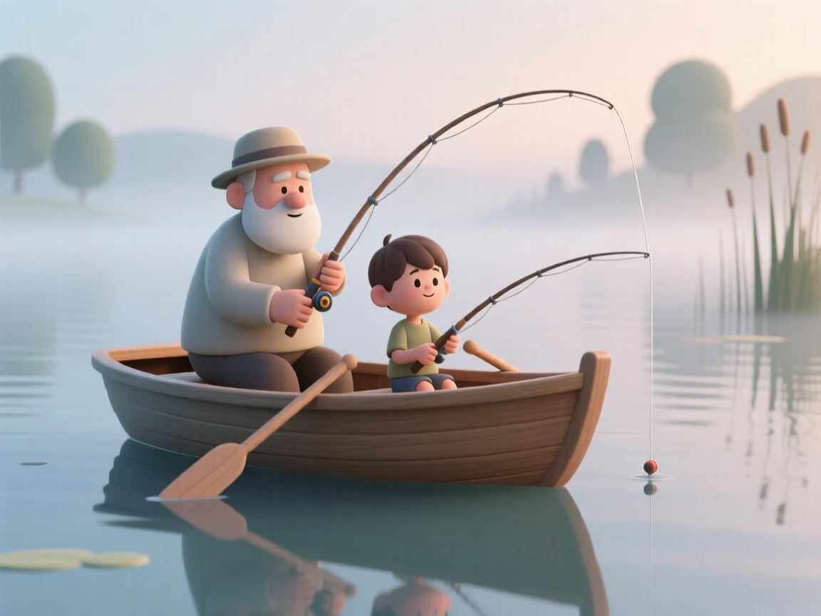 A gentle grandfather teaches his grandson to fish from a wooden rowboat on a calm, misty lake at dawn.