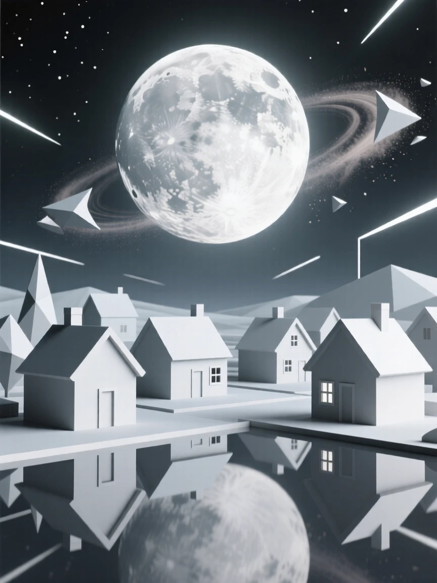 A giant moon looming impossibly close over a quiet village, surrounded by swirling cosmic dust. reflections and light rays add a layer of visual depth. The mood feels futuristic and full of possibility.