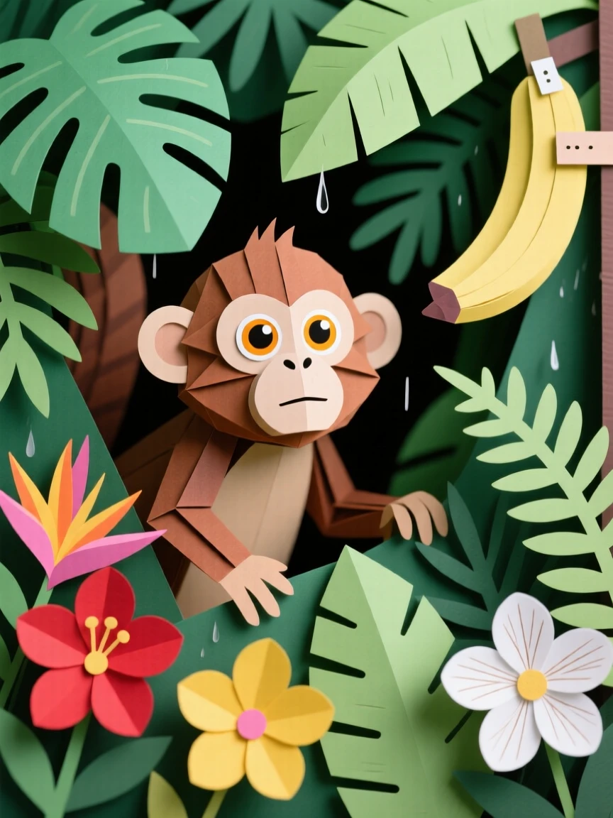 A curious squirrel monkey peeking out from thick rainforest foliage, bright eyes wide with curiosity, vibrant tropical flowers surrounding it, evoking playful wonder.
