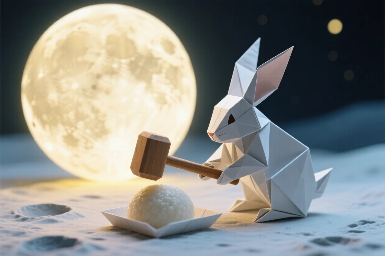 A moon rabbit pounding mochi with a wooden mallet on the surface of a glowing full moon.