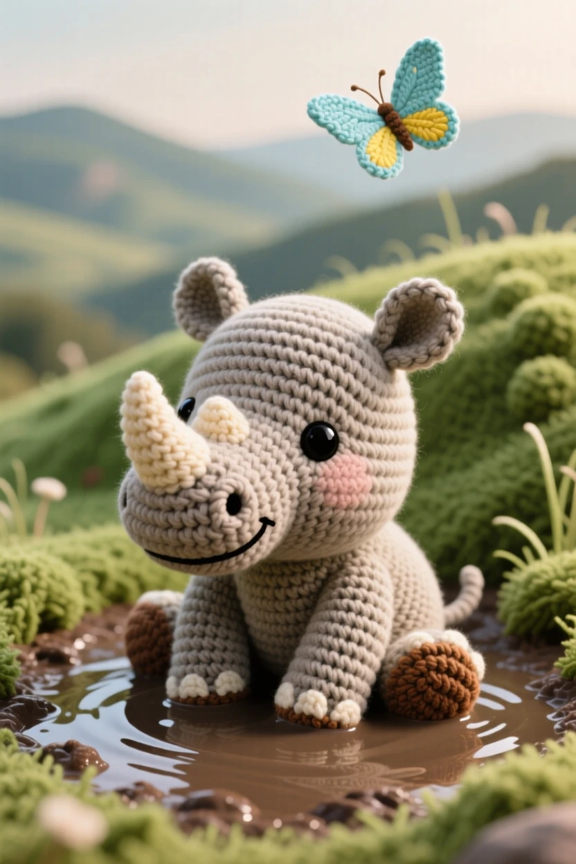 a baby rhinoceros, with thick folded skin and a small horn nub, wallowing happily in a shallow mud puddle, set in a soft grassy hill overlooking a valley, with a single fluttering butterfly overhead, evoking a serene, storybook stillness.