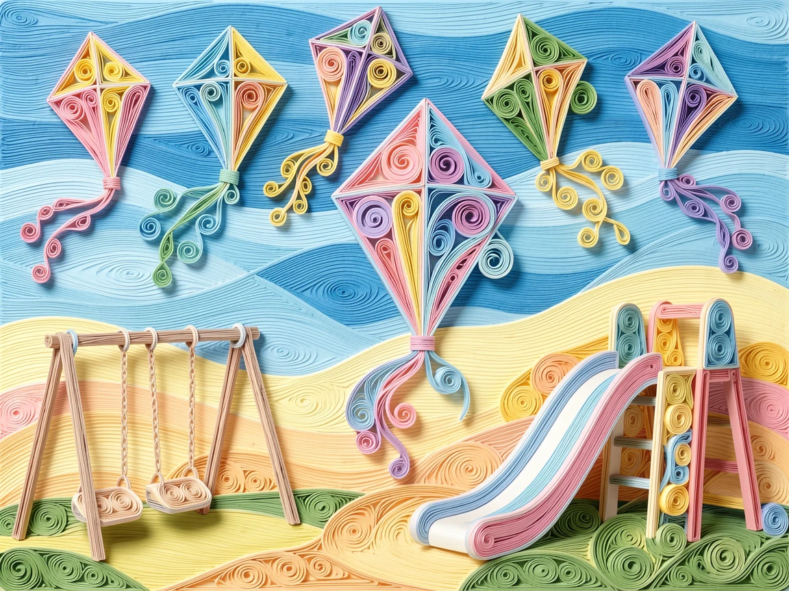 a row of colorful kites flying against a blue sky, on a sunny playground with swings and slides, composed with a friendly, inviting central focal point, in a playful pastel color scheme.