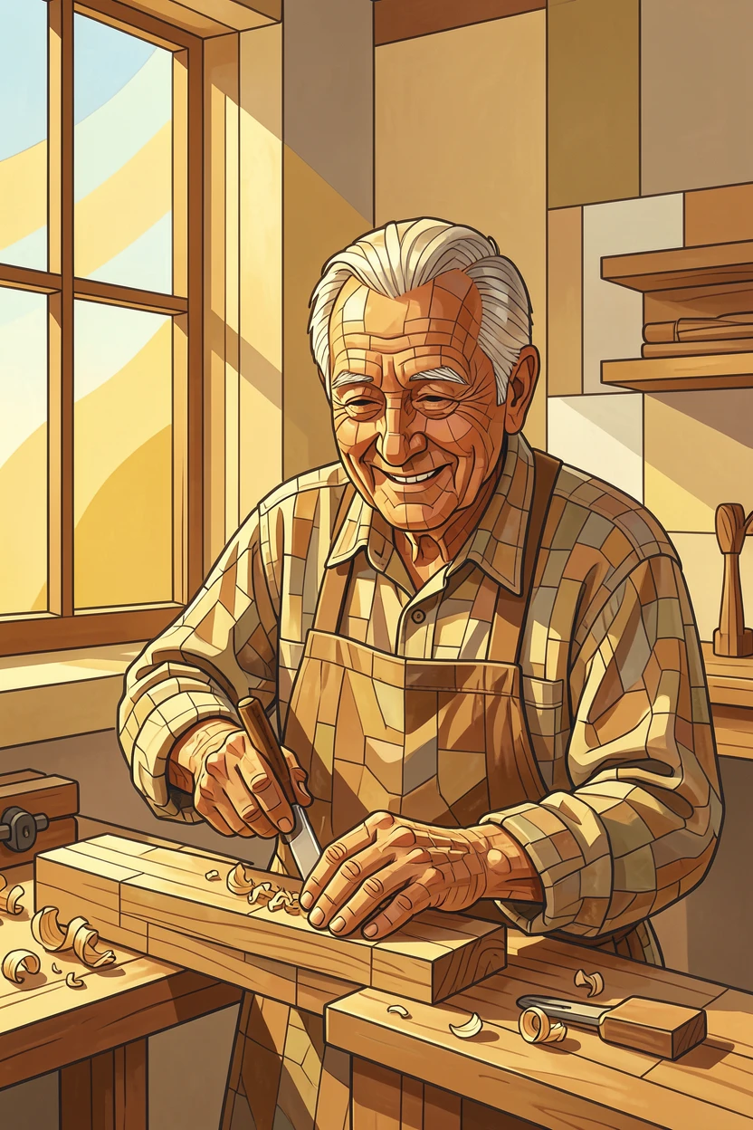 A candid, joyful moment of an elderly craftsman carefully carving wood in his sunlit workshop, captured with warm golden light.