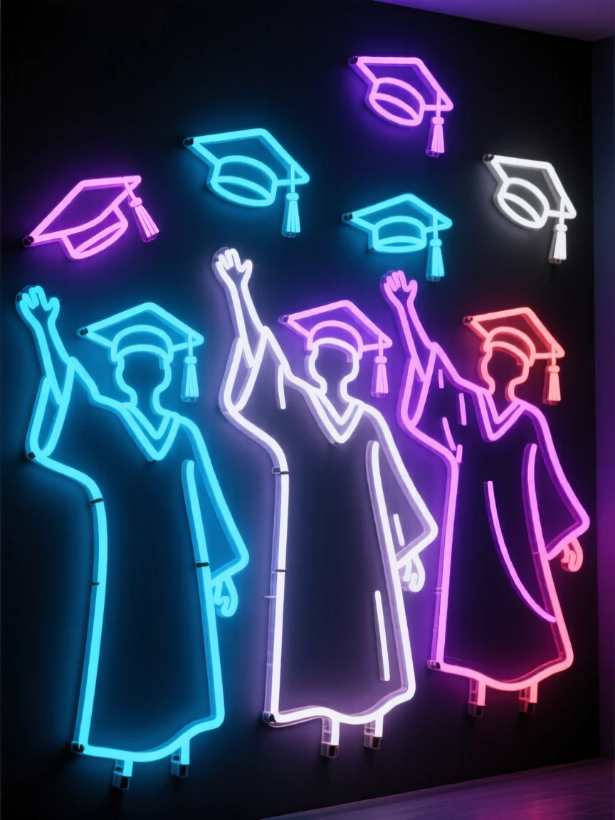 A graduation ceremony with caps thrown into the air.