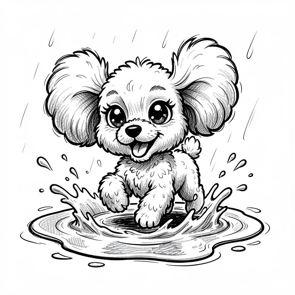 A tiny teacup poodle splashing in a puddle after rain.