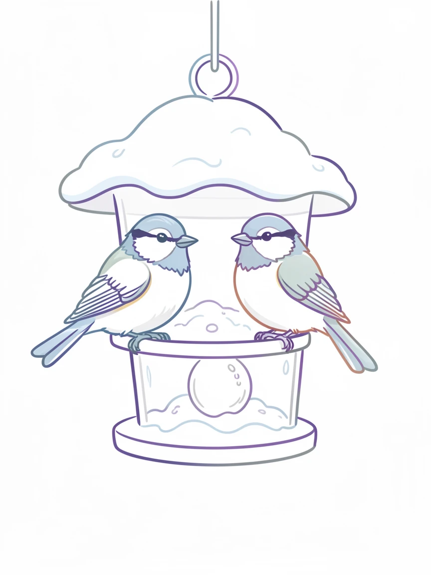 A pair of chickadees perched on a snow-dusted bird feeder in winter.