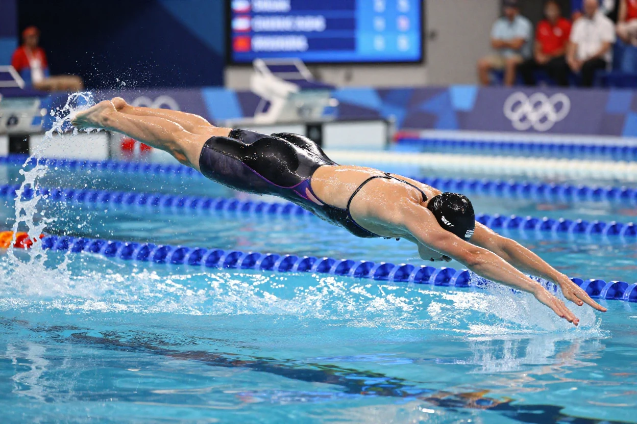 A swimmer diving cleanly into an Olympic pool