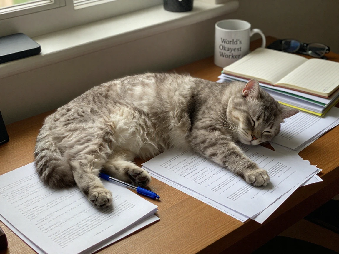 A cat 'assists' with paperwork by lying directly on top of it.