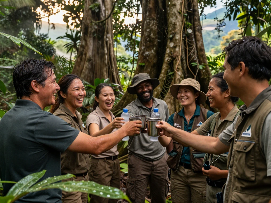 A team of researchers toasting success after a long expedition in the heart of a remote rainforest