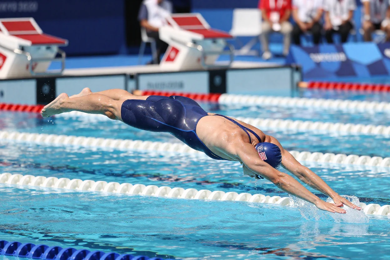 A swimmer diving cleanly into an Olympic pool