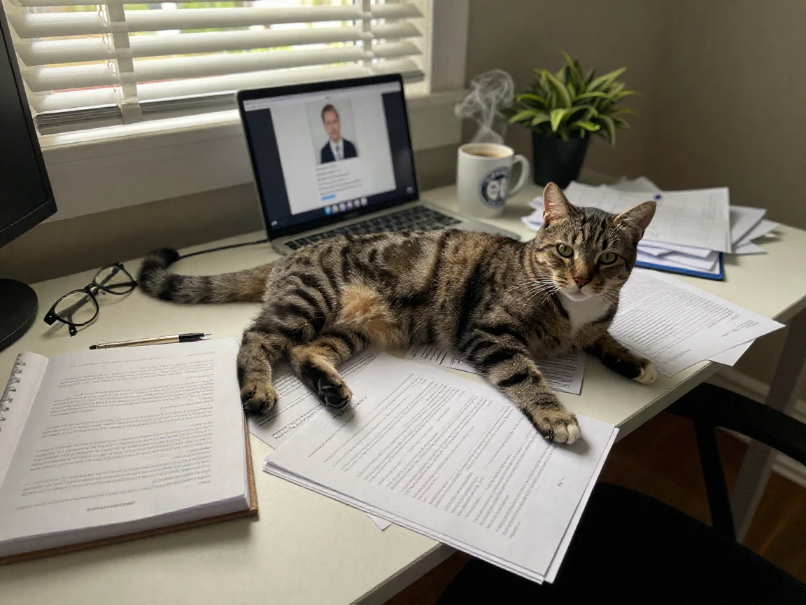 A cat 'assists' with paperwork by lying directly on top of it.