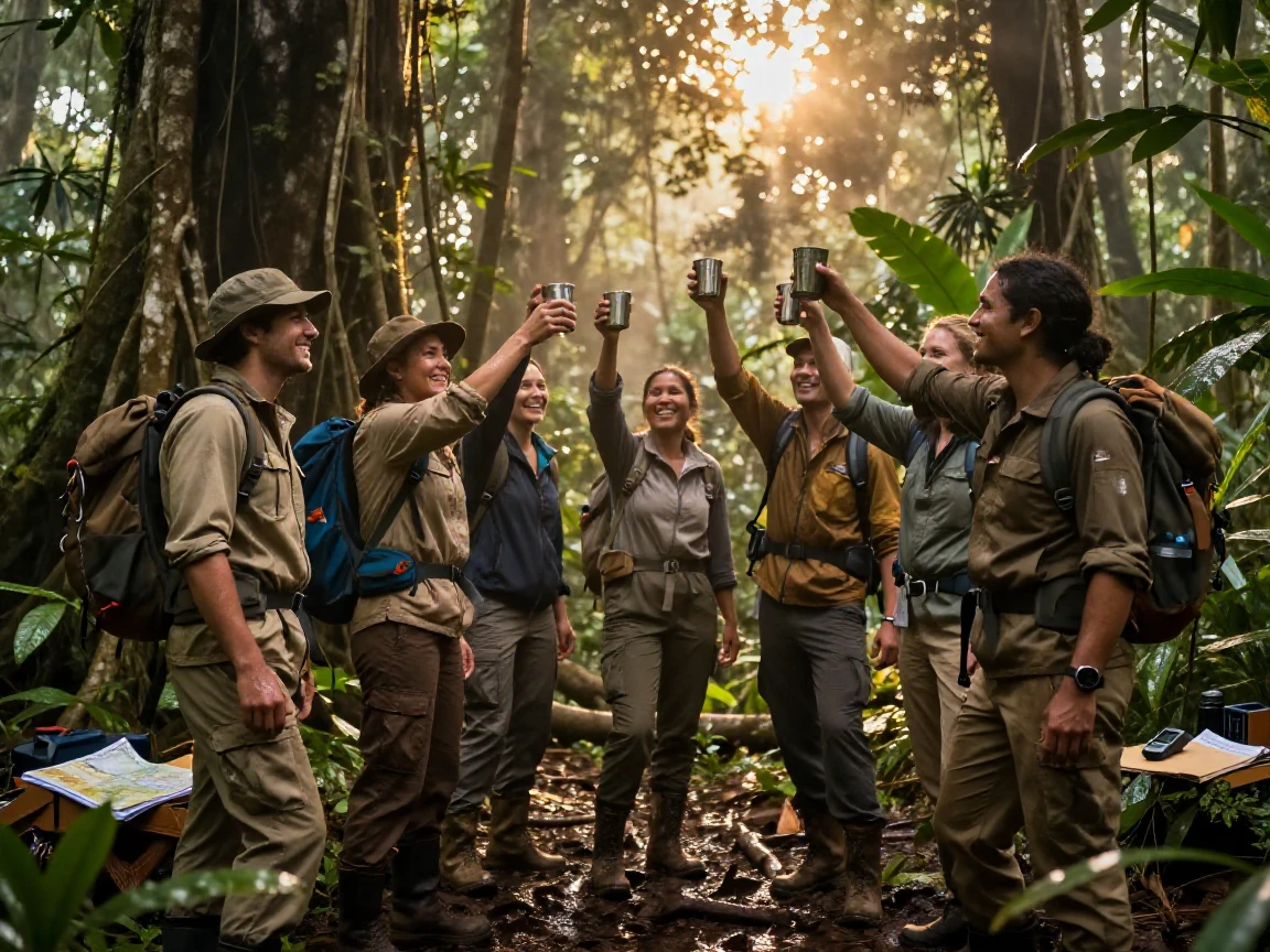 A team of researchers toasting success after a long expedition in the heart of a remote rainforest