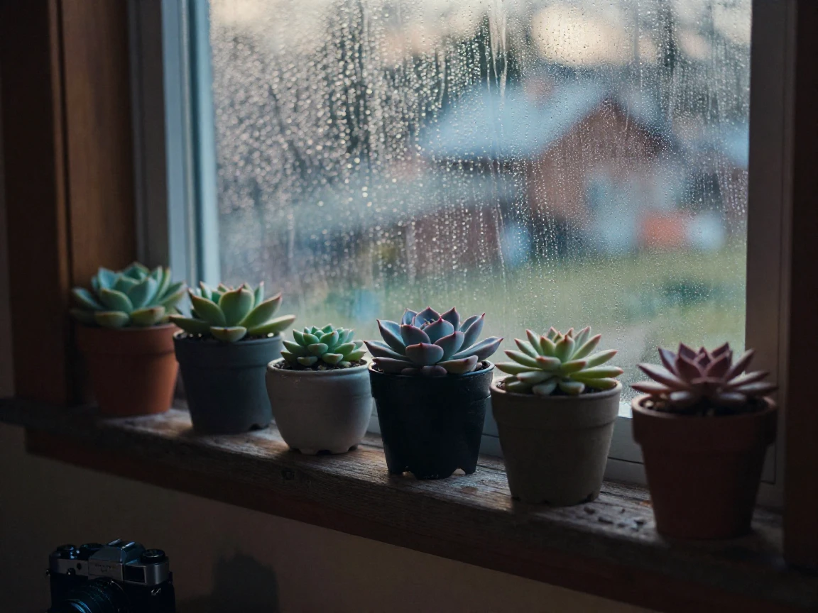A row of potted succulents arranged on a rustic windowsill, in the pale light just before sunrise, with a soft breeze stirring the air, in early spring, in cool blues and silvery greys, through a rain-streaked window.