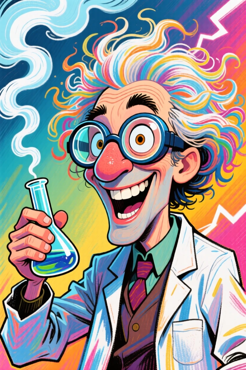 A quirky scientist with wild frizzy hair and safety goggles, holding a smoking beaker.